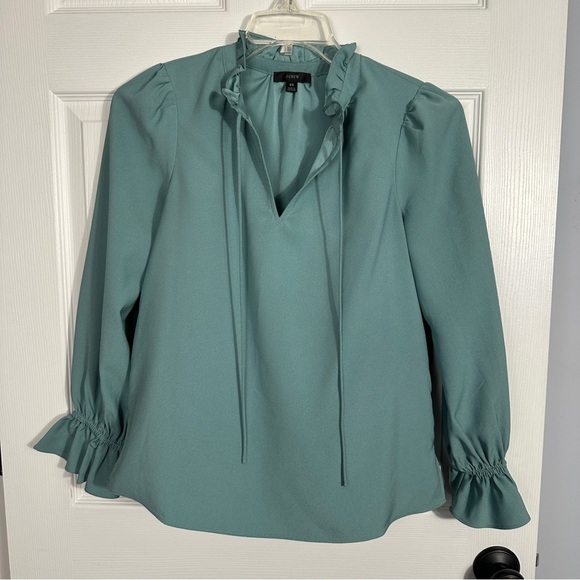 J. Crew Tops - J. Crew XS sage green blouse, ruffle sleeves, v-neck, fall, office, date night